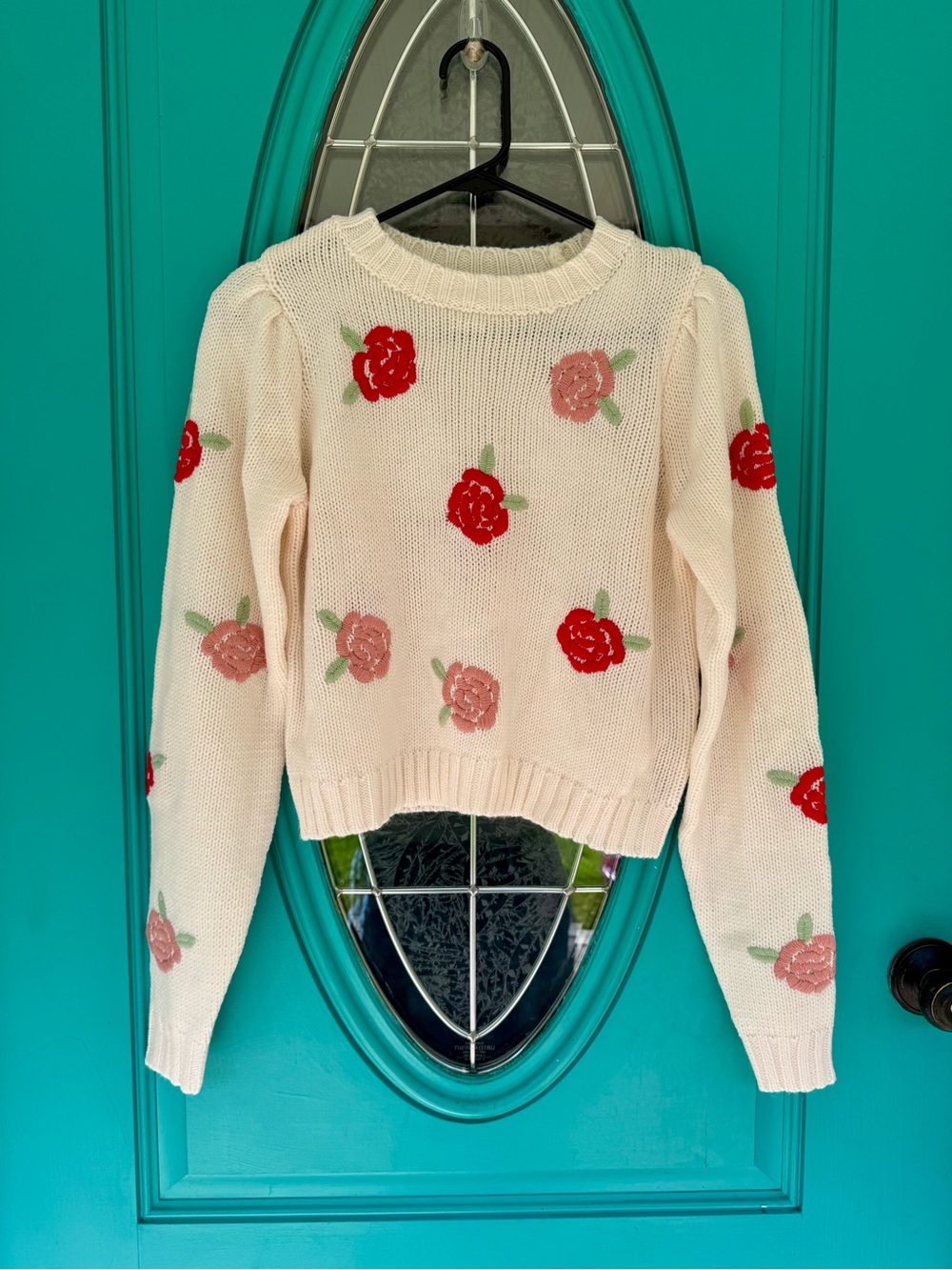 Jessica Simpson Cream Floral Crewneck Sweater with Red & Pink Roses
